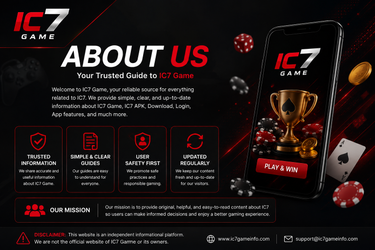 IC7 Game About Us information banner with gaming design