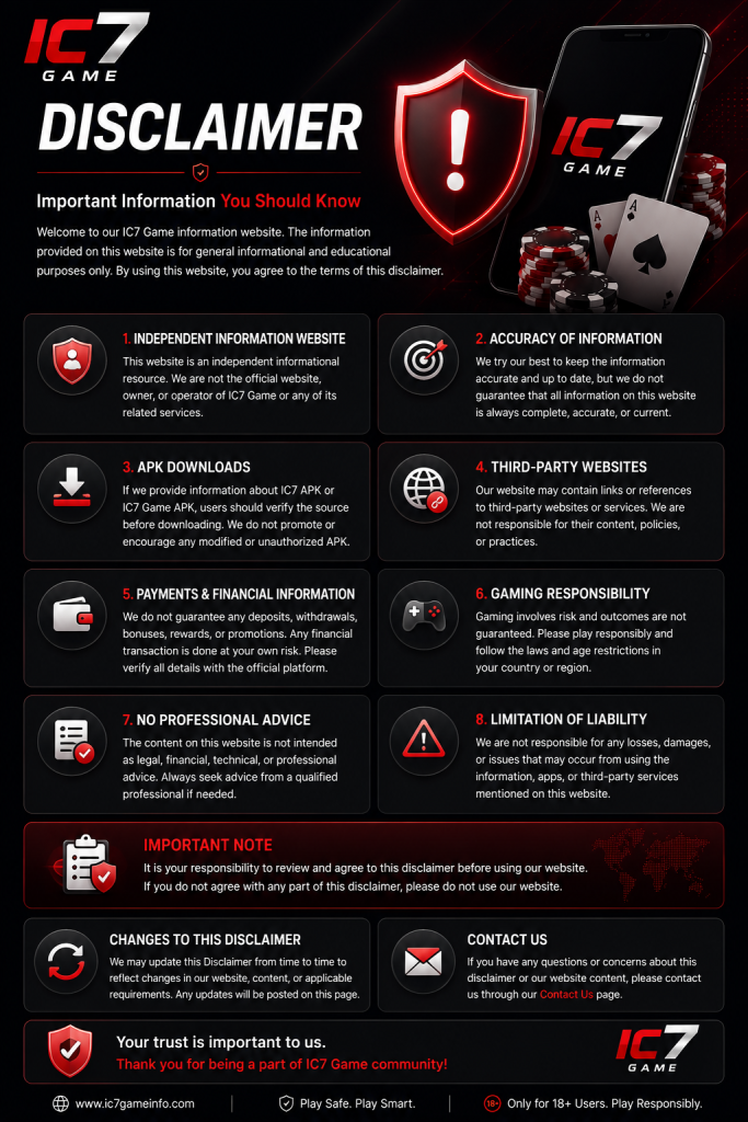 IC7 Game disclaimer page with safety and responsibility information